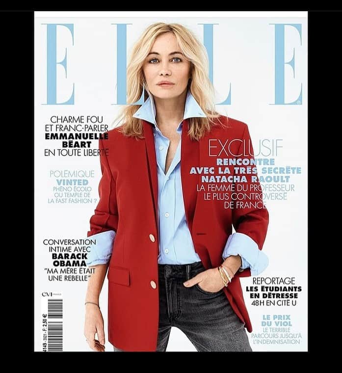 エマニュエル・ベアールのインスタグラム：「@ellefr ...#cover 📸 @dantstudio_ _  @verovatinos 💛@erindoherty_elle @genevedoherty_elle 🙎‍♀️and cut @johnnollet 👄 @christophedanchaud_  Naim @marceagomes interview @oliviadelamberterie ... cette couverture est pour la promotion du film «  l’étreinte » de @ludovicbergery ... qui sortira des l’ouverture des salles de cinéma !!! Merci à toute l’équipe .. 👔 @amiparis 🦺 @fendi bijoux @studio_adornem @annemariebrouillet」