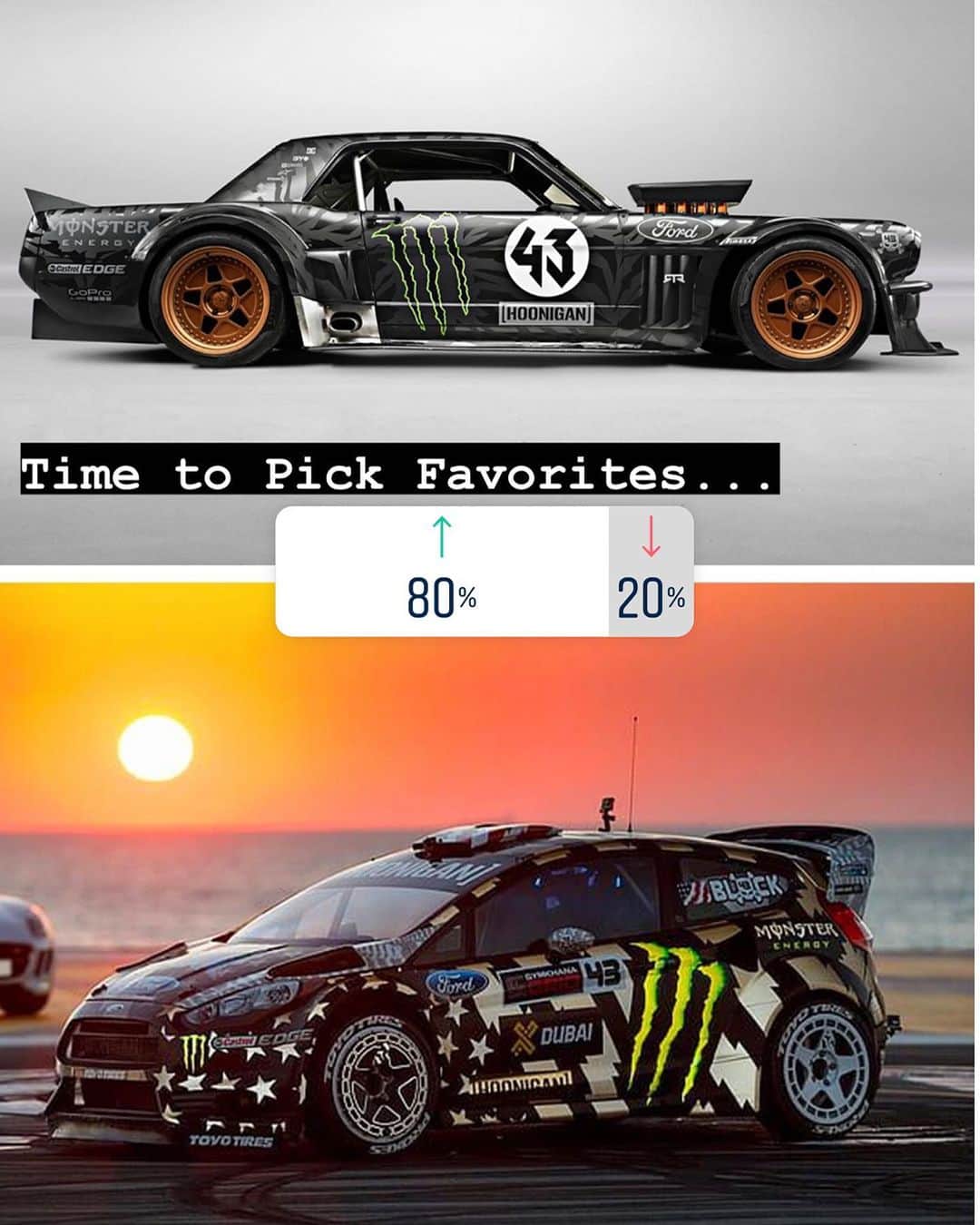 ケン・ブロックのインスタグラム：「Rad to see over 500,000+ votes in round one of my Fan Favorite Livery Poll!! All of the picks for this poll were my personal favorites, so there were no disappointments - but there are a few surprises here. The semi-finals are set, so please go vote now in my Instagram Stories!! What liveries will make it to the final round??」