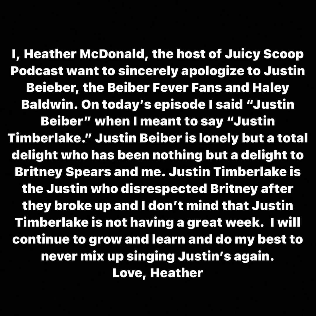 ヘザー・マクドナルドのインスタグラム：「Please forgive me and listen & subscribe & leave a review for #juicyscoop up now link in bio. #britneyspears #freebritney #justinbieber #justintimberlake #haleybieber #haleybaldwin #comedy #forgiveHeather please #DontcancelHeatherMcDonald Edit it’s Justin Bieber “I before E except after C”」