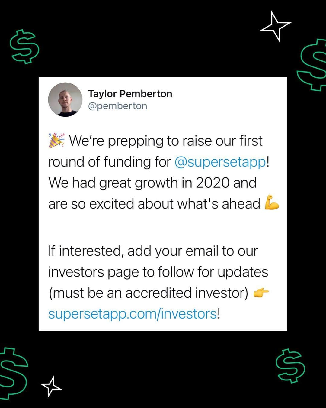 テイラー・ペンバートンのインスタグラム：「👋🏼 Prep begins. If interested, join our mailing list by visiting supersetapp.com/investors! Btw, requirements for qualifying as an accredited investor: 200k income for the last 2 years (or 300k if married), or $1M net worth (individual or joint, excluding primary residence).  DM if any questions. Thanks!」