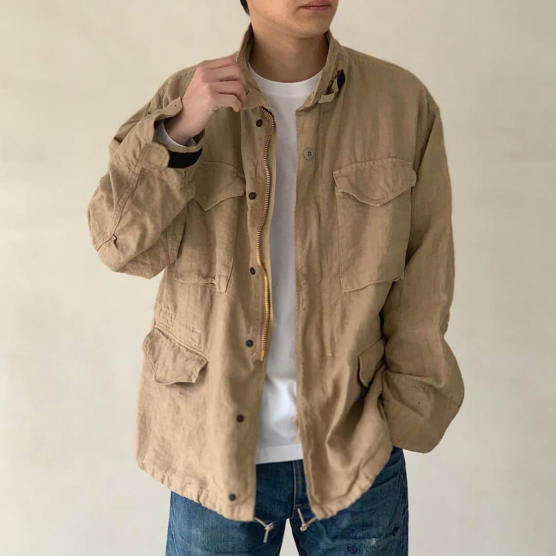 のインスタグラム：「. . . . AN095 LINEN FIELD JACKET BEIGE . . . model height：182cm / weight：65kg / size : 3 . #anachronorm #contextgallery #nakameguro #balanceokayama #okayama」