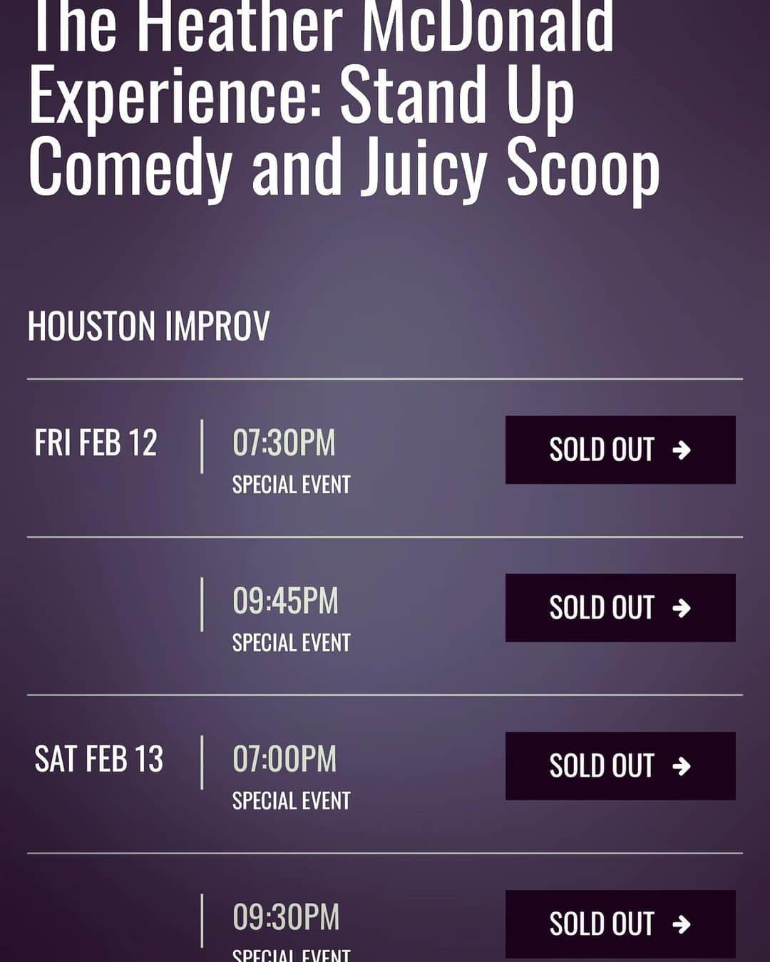 ヘザー・マクドナルドさんのインスタグラム写真 - (ヘザー・マクドナルドInstagram)「SOLD OUT all 4 of my shows in #Houston this weekend #San Antonio & Dallas get your tickets today so you don’t miss out! Link in bio! So excited @improvhouston #juicyscoop #standupcomedy」2月12日 9時26分 - heathermcdonald