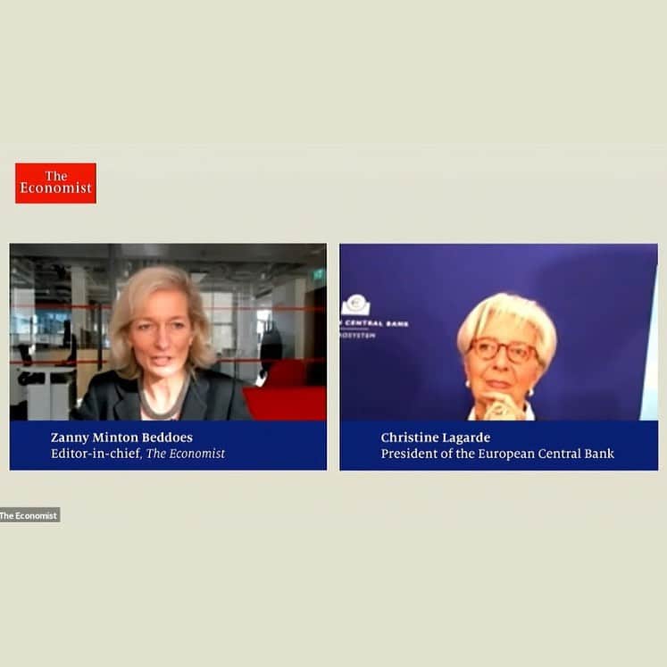 クリスティーヌ・ラガルドのインスタグラム：「Thank you Zanny Minton Beddoes for this wonderfully rich discussion on a variety of topics including the post-pandemic economy, climate change and female leadership during coronavirus times. Listen to the podcast via the link in my bio.」