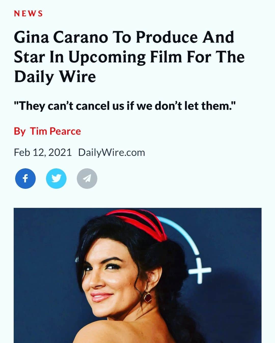 ジーナ・カラーノのインスタグラム：「I’d like to thank you all from the deepest part of my heart for the love I’ve received over the past 24 hours. I would not be here without your support. Thank you to @realdailywire @officialbenshapiro for helping make one of my dreams — to develop and produce my own film — come true. I cried out and my prayer was answered. I am sending out a direct message of hope to everyone living in fear of cancellation by the totalitarian mob. I have only just begun using my voice which is now freer than ever before, and I hope it inspires others to do the same. They can’t cancel us if we don’t let them. ❤️ Stick together. I stand with you.  Check the link in bio. #NEVERGIVEUP #FACEYOURFEARSLIVEYOURDREAMS」
