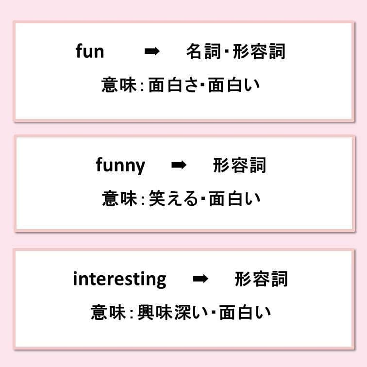 超絶シンプル英会話♪さんのインスタグラム写真 - (超絶シンプル英会話♪Instagram)「今日は「fun/funny/interesting」の違いについてです！ - funnyとinterestingは同じ形容詞ですが、意味が少し違います。 - funnyは「笑える、可笑しい」という意味の「面白い」 - interestingは「興味深い」という意味の「面白い」です。 - この意味を間違えて使ってしまわないよう、気をつけましょう！ - またfunは名詞として使われる事が多く、 「have fun=楽しむ」 「make fun of〜=〜をからかう、バカにする」 この2つの言い方はよく使うので覚えておきましょう♪ - -  -  📕書籍📕  『1回で伝わる 短い英語』 『365日 短い英語日記』 ======================== - 絶賛発売中！ 音声ダウンロード付き♪ - 全国の書店＆Amazonでお買い求めいただけます♪ 日常で使えるフレーズがたくさん！ 海外旅行、留学、訪日外国人との会話にぜひ＾＾ - - #英語#英会話#超絶シンプル英会話#留学#海外旅行#海外留学#勉強#学生#英語の勉強#オンライン英会話#英語話せるようになりたい#英語勉強#子育て英語#オンライン英会話#studyenglish#365日短い英語日記#1回で伝わる短い英語#studyjapanese#instastudy#書籍化#stayhome#おうち」2月12日 20時27分 - english.eikaiwa