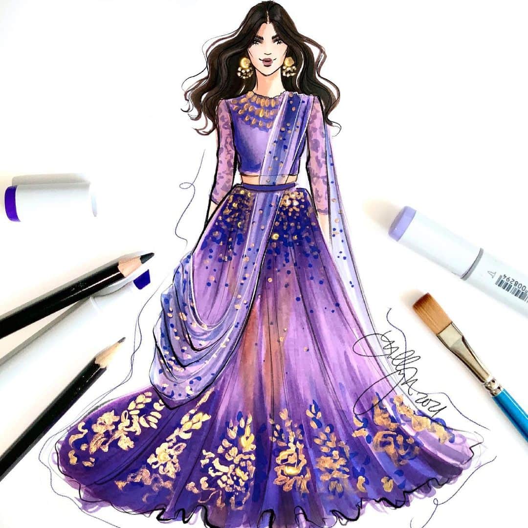 Holly Nicholsさんのインスタグラム写真 - (Holly NicholsInstagram)「A celebration in royal purple and gold 💜🎨. Tutorial up in my stories/highlight! Sketched with @copic_official and @winsorandnewton gold paint 🎨 #fashionillustration #fashionsketch #fashiondrawing #illustration #couture #lengha」2月12日 22時27分 - hnicholsillustration