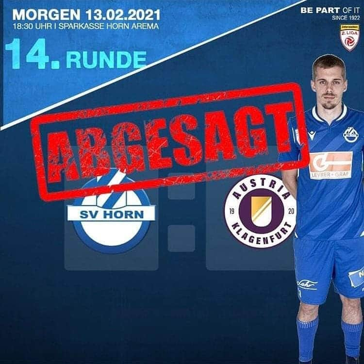 SVホルンのインスタグラム：「+++ABGESAGT+++ Leider musste soeben das für morgen geplante Spiel gegen Austria Klagenfurt, wegen Unbespielbarkeit des Rasens, abgesagt werden. Ein Nachtragstermin wird sobald wie möglich bekannt gegeben! #svhorn #bepartofit #ligazwa」