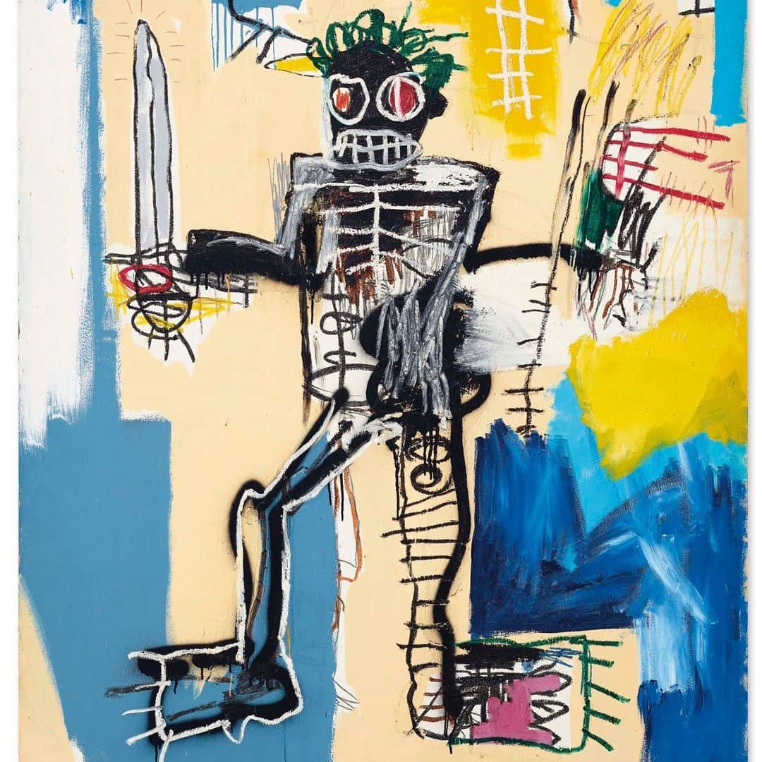 クリスティーズのインスタグラム：「The past year has proven that we are all warriors.⠀ .⠀ Painted at the height of Jean-Michel Basquiat's creative output, 'Warrior' is a commanding portrait of a sword-wielding gladiatorial figure that's as socio-politically relevant today as it was 40 years ago.⠀ .⠀ Showing a figure who is fierce, resilient, and brave, this masterpiece has been featured in numerous worldwide publications and exhibitions and on 23 March will be offered in a single-lot evening sale in Hong Kong, kicking-off our 20th Century Week in London.⠀ .⠀ Jean-Michel Basquiat (1960-1988), 'Warrior', 1982. Estimate: HK$240,000,000-320,000,000 / US$31,000,000-41,000,000.⠀ .⠀ We Are All Warriors – The Basquiat Auction — 23 March, Hong Kong⠀ .⠀ #art #artist #jeanmichelbasquiat #basquiat #TheBasquiatAuction #WeAreAllWarriors #warriors #contemporaryart #painting #paintings @christiesasia」