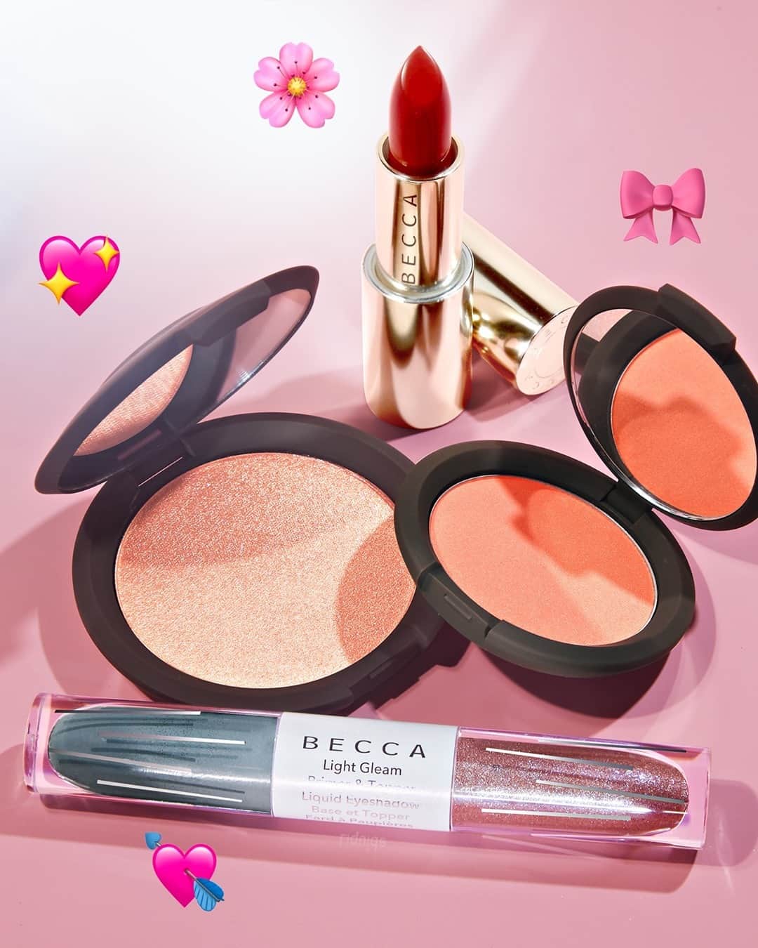 BECCAのインスタグラム：「Add a little color (and a lot of pink) to your look this Valentine’s Day with these BECCA must-haves in our most romantic shades.   🎀 Mineral Blush in Flowerchild 💘 Light Gleam Liquid Eyeshadow in Refract 🌸 Ultimate Lipstick Love in Rosewood 💖 Pressed Highlighter in Rose Quartz   - #Valentinesday #glam #motd #blushes #lipstick」