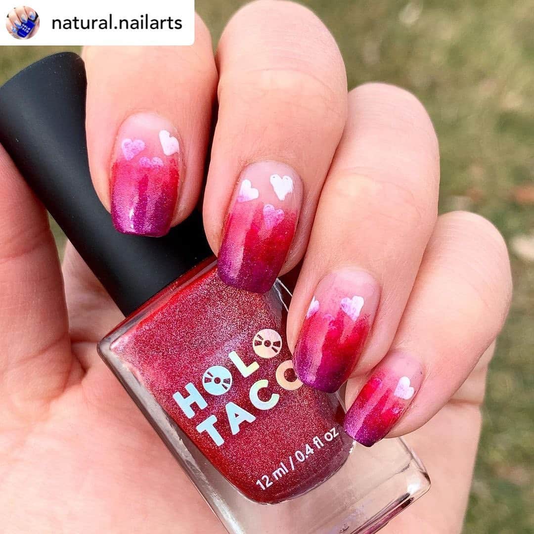 Nail Designsのインスタグラム：「Credit • @natural.nailarts Valentine’s hearts with an ombré. Stamped white hearts with some @holotaco  ombré, I like how it turned out and you can see some of the hearts slowly peaking out of the color. #holotacovalentines2021  . . . 🌹 @holotaco Red Licorice. . ☂️ @holotaco Magenta Jelly.  . @hellomaniology M053 plate and white polish. .  . ~Code NATURALLYNAILS for 10% off at Maniology.com~. ~NATURAX10 for 10% off at Beautybigbang.com~. ~ELIZ for 10% off at Rossinails.com~ . . . #nails #nailsnailsnails #manicure #naildesigns #nailsonfleek #naildesign #nailartjunkie #nailart #nailsoftheday #nailsofinstagram #nailsofinsta #nailstamping #nailpolish #nailpolishaddict #nailartist #nailpolishlover #nails2inpire #nails2020 #prettynails #nailedit #naillife #nailporn #cutenails #naillove #nailartlover #nailartchallenge #nailspafeature #holotaco」