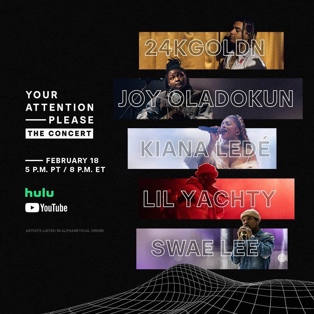 Hulu Home of Emmy-winningさんのインスタグラム写真 - (Hulu Home of Emmy-winningInstagram)「Get ready for #YourAttentionPlease: The Concert! Join us on February 18 to celebrate #BlackHistoryMonth along with these 5 artists.」2月13日 1時01分 - hulu