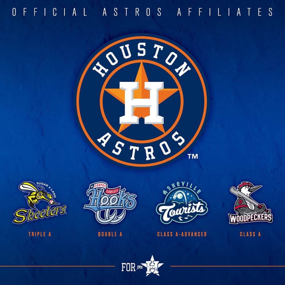 ヒューストン・アストロズのインスタグラム：「Our affiliates are official!   Welcome @sugarlandskeeters @cchooks @ashevilletourists and @fayettevillewoodpeckers   Let’s play ball!」
