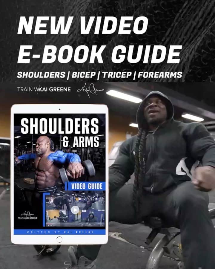 カイ・グリーンのインスタグラム：「NEW ARMS VIDEO EBOOK ‼️  Add inches to your arms with my new guide to master the art of training forearms, biceps, triceps, and shoulders in this new video guided eBook 💯  With step by step written instructions paired alongside the video demonstrations, your mastery of the movements will excel and aid you on your journey to growth. Take on the challenges of perfecting your form and learning new movements to take your training to the next level ⬆️  Let’s learn together and grow as ONE.  Link in bio ‼️」