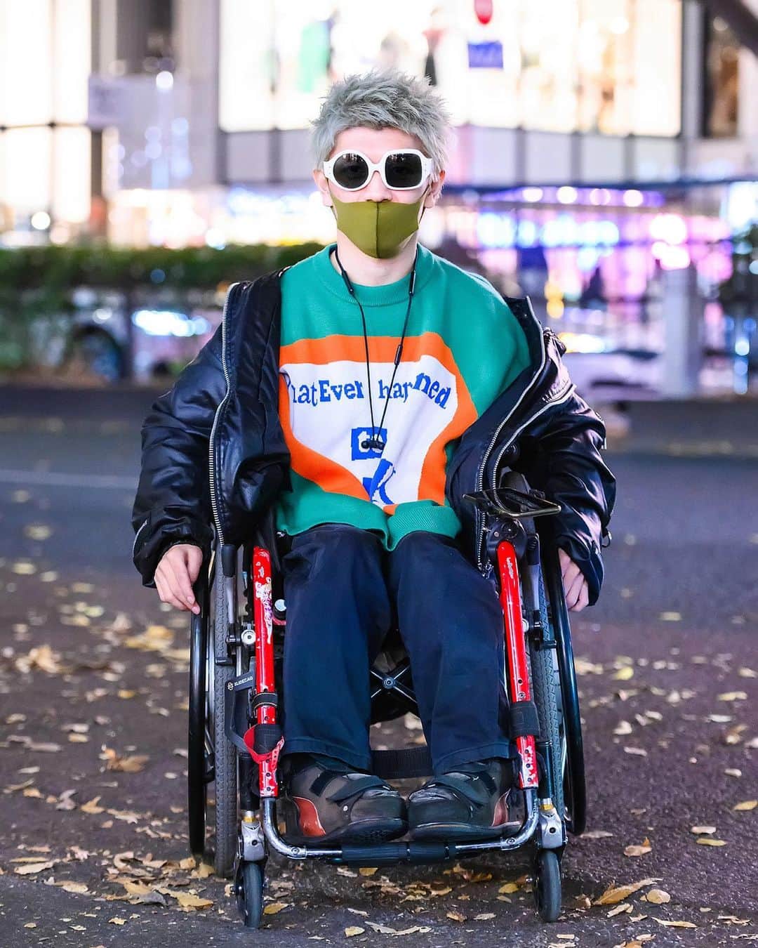 Harajuku Japanさんのインスタグラム写真 - (Harajuku JapanInstagram)「Harajuku street style personality and Japanese wheelchair fashion model Keita (@wheelchair_fashion) on the street in Harajuku wearing a Kidill Japan "what ever happened to punk" knit top with Nozomi Ishiguro asymmetric sunglasses, a 99%-IS jacket, and vintage pants.」2月13日 4時01分 - tokyofashion