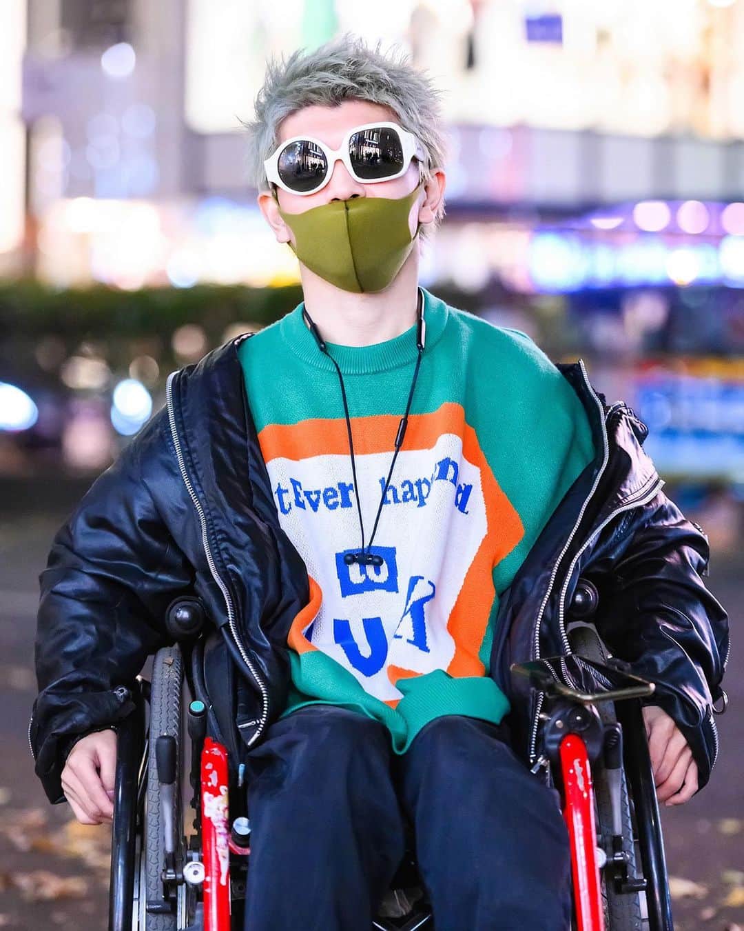 Harajuku Japanさんのインスタグラム写真 - (Harajuku JapanInstagram)「Harajuku street style personality and Japanese wheelchair fashion model Keita (@wheelchair_fashion) on the street in Harajuku wearing a Kidill Japan "what ever happened to punk" knit top with Nozomi Ishiguro asymmetric sunglasses, a 99%-IS jacket, and vintage pants.」2月13日 4時01分 - tokyofashion