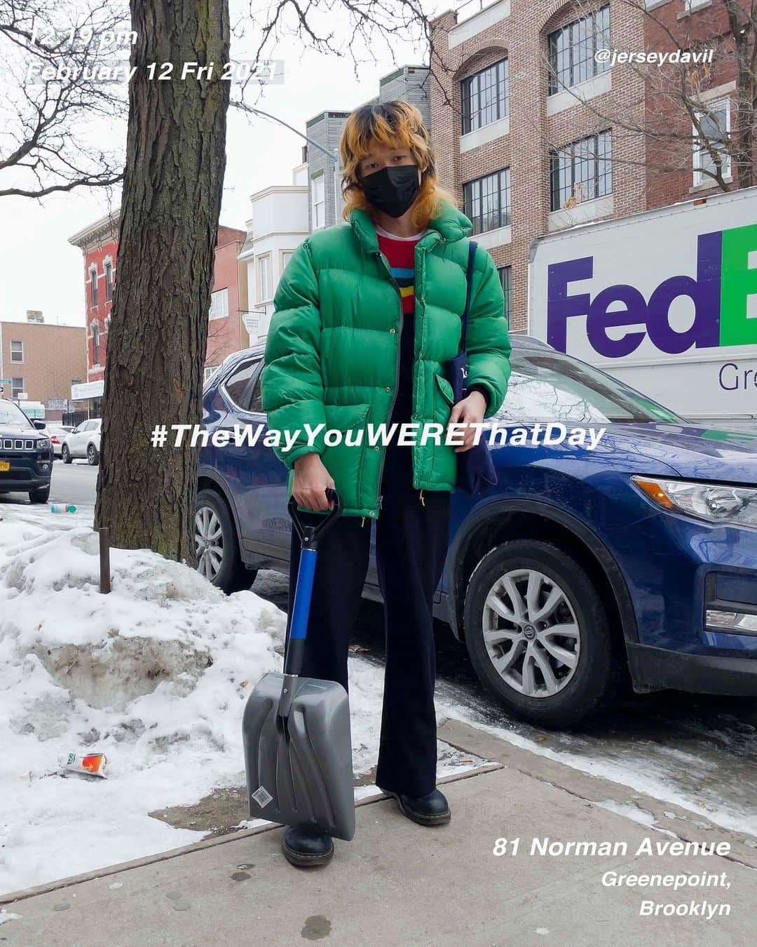 筒井心一のインスタグラム：「@jerseydavil on 81 #NormanAvenue at 12:19 pm, February 12 Friday 2021, #NewYork ﻿ #OutfitOfTheDay = #TheWayYouWEREThatDay  #TWYWTD #ShinichiTsutsui」