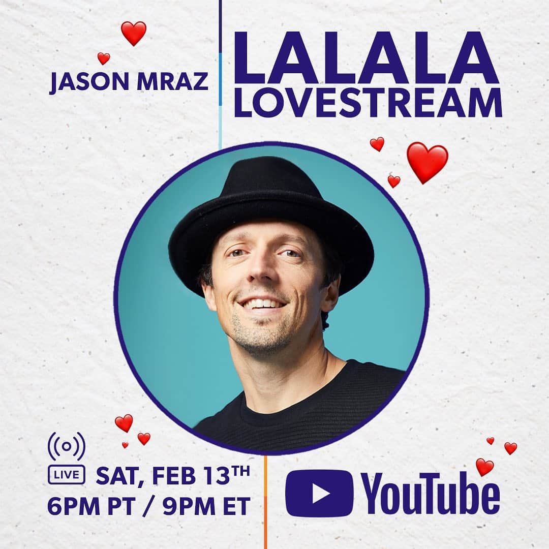 ジェイソン・ムラーズのインスタグラム：「Saturday Feb 13, join me on YouTube at 6pm PT for an hour of la la la love songs & lots of shooby doobie doos. Snuggle up with a loved one or a fur friend & ready your requests. Gonna be la la la lovely. YouTube.com/JasonMraz」