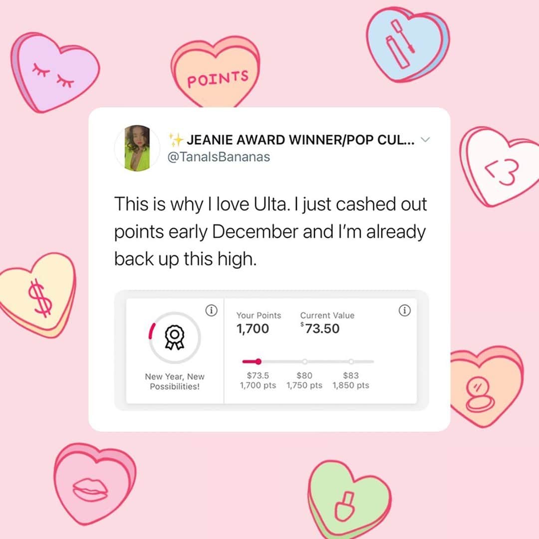 ULTA Beautyのインスタグラム：「We’re suckers for a good Ultamate Rewards love story. 🥰 What’s your craziest points cash-in moment? 👇 #ultabeauty  Here's how your points add up. The more you shop, the more your points are worth. 100 points = $3 off 250 points = $8 off 500 points = $17.50 off 750 points = $30 off 1000 points = $50 off 2000 points = $125 off」