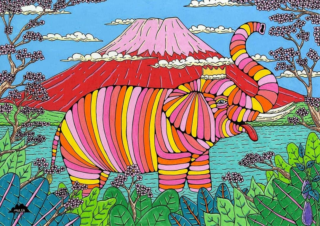 MULGAさんのインスタグラム写真 - (MULGAInstagram)「Please meet the one and only majestic Akiko the Elephant, a commission for Akiko in Japan. If you'd love to gaze upon Akiko on a daily basis I've got premium fine art prints of Akiko on my website. ⁣ ⁣ The story of Akiko the Elephant⁣ ⁣ Once there was a powerful and jolly elephant called Akiko the Elephant. Every morning Akiko would bathe in the waters under the shadow of Mt Fuji.⁣ ⁣ After her daily bathe she would harvest a rich assortment of eggplants and BBQ them for her breakfast.⁣ ⁣ After a nutritious eggplant breakfast she would head to work were she would prepare those three wheeled bike boat things that people hire and ride around the lake on.⁣ ⁣ Her business was called Akiko's Three Wheeled Bike Boat Hire and it was one of the four most popular three wheeled bike boat thing hire places and provided her a comfortable income.⁣ ⁣ The End⁣ ⁣ #mulgatheartist #mtfuji #elephant #elephantart #mountfuji #mounatinart #japaneseart #eggplant #cherryblossom #cherryblossomart」2月13日 6時11分 - mulgatheartist