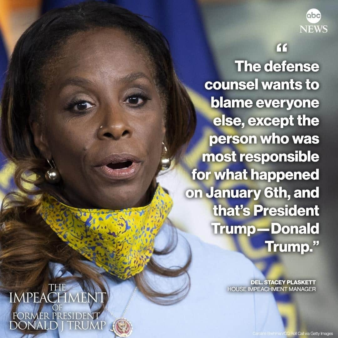 ABC Newsさんのインスタグラム写真 - (ABC NewsInstagram)「Del. Stacey Plaskett: "The defense counsel wants to blame everyone else, except the person who was most responsible for what happened on January 6th, and that’s President Trump—Donald Trump." #impeachmenttrial #plaskett #trump #politics」2月13日 7時30分 - abcnews