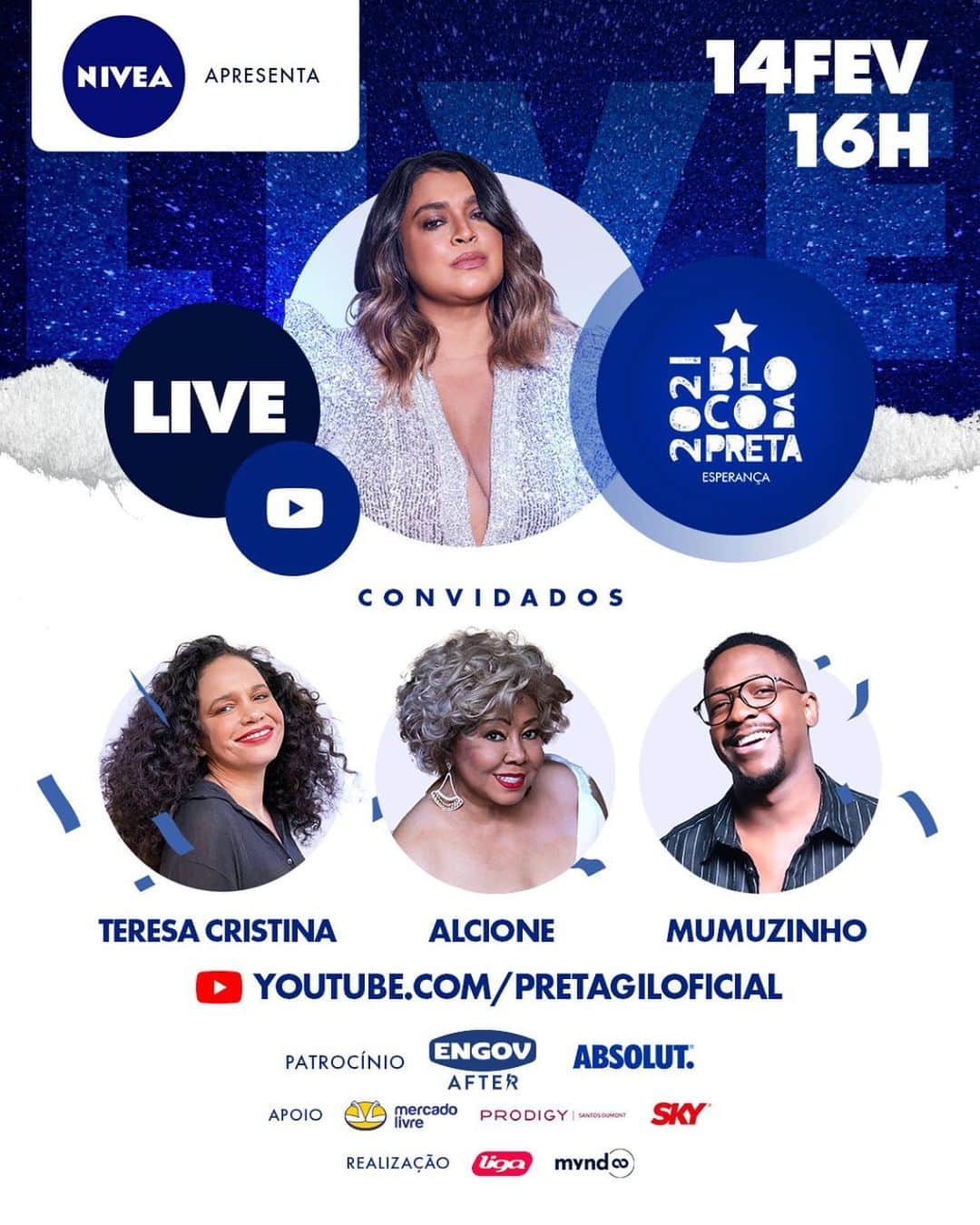 Preta Gilのインスタグラム：「Nesse domingo, dia 14/02 às 16h tem Live do @blocodapreta!  Vou contar com as participações dos meus amados @alcioneamarrom @teresacristinaoficial e @mumuzinho e todos os patrocínios e doações serão revertidos para ajudar cooperativas de catadores de lata e ambulantes.  Vem curtir comigo esse domingo de carnaval EM CASA!   Apresentação: @niveabrasil  Patrocinio: @engov_oficial @absolutbrasil  Apoio: @mercadolivre @skybrasil @prodigyhotels  Realização: @ligaentretenimento @musi2mynd」