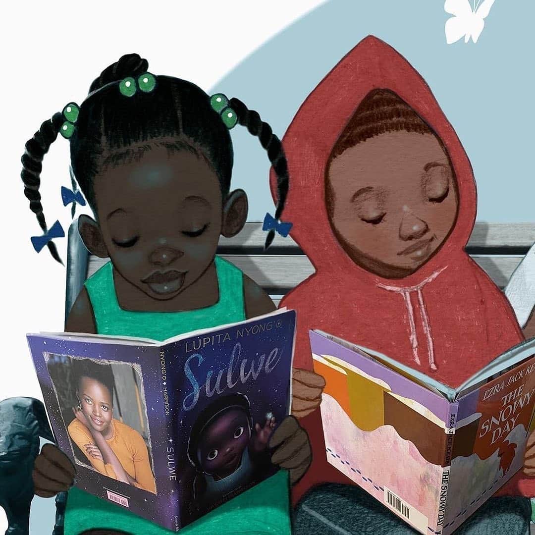 ルピタ・ニョンゴのインスタグラム：「Love is... snuggling up with a book. ♥️ #Regram @LisaFieldsill #FanArtFriday #Sulwe」