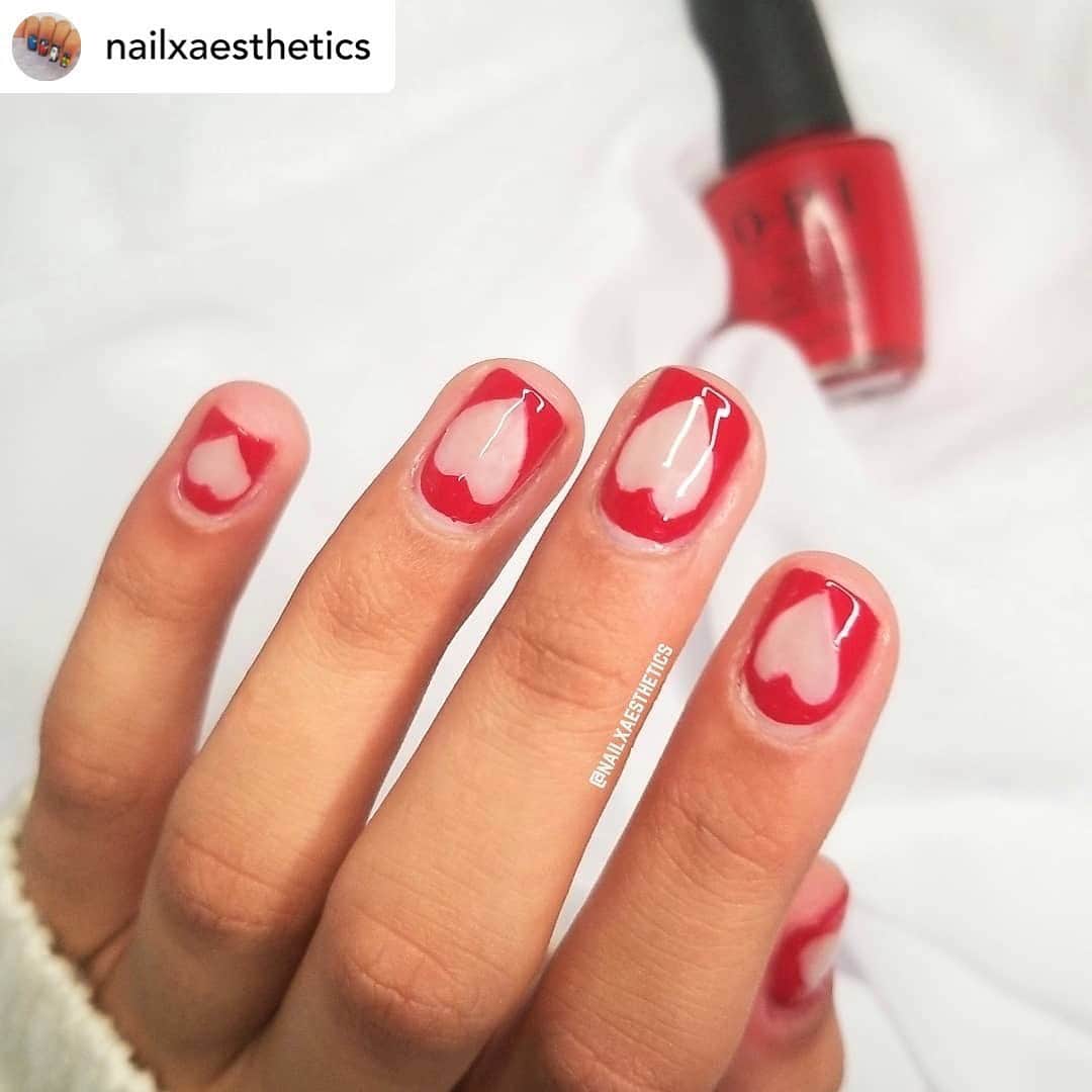Nail Designsのインスタグラム：「Credit • @nailxaesthetics Negative space hearts ❤   Inspo: @livvy_lyman_nails  Products used:  Red: red heads ahead @opi  Base: bubble bath @opi Base coat: original nail envy @opi  #redhearts #negativespace #red #opi #OPIObsessed #coloristheanswer #rednails #nailsmagazine #Opireds #vdaynails #valinetinesday #nailinspo #nailspafeature #opimani」