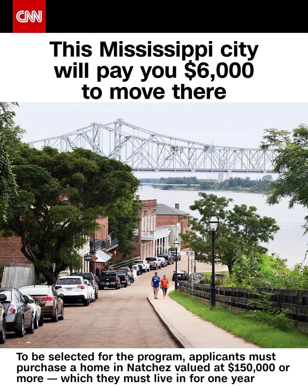 CNNさんのインスタグラム写真 - (CNNInstagram)「The city of Natchez, Mississippi, will pay remote workers $6,000 to move there. Applicants to the program, called Shift South, must buy a property in the city valued at $150,000 and live there for at least a year. Natchez, which is home to nearly 15,000 people, is located along the Mississippi River and is famous for its sunsets, according to the city’s mayor, Dan Gibson. "We are excited to be the first and only city in the Deep South to offer an incentive like this to remote workers," Gibson said. "Our warm and friendly people, the (Mississippi) river at our feet, our history and our beautiful sunsets make Natchez a great city to call home." ⁠ ⁠ (📸: Henrietta Wildsmith/The Shreveport Times/USA Today Network).」2月13日 22時01分 - cnn