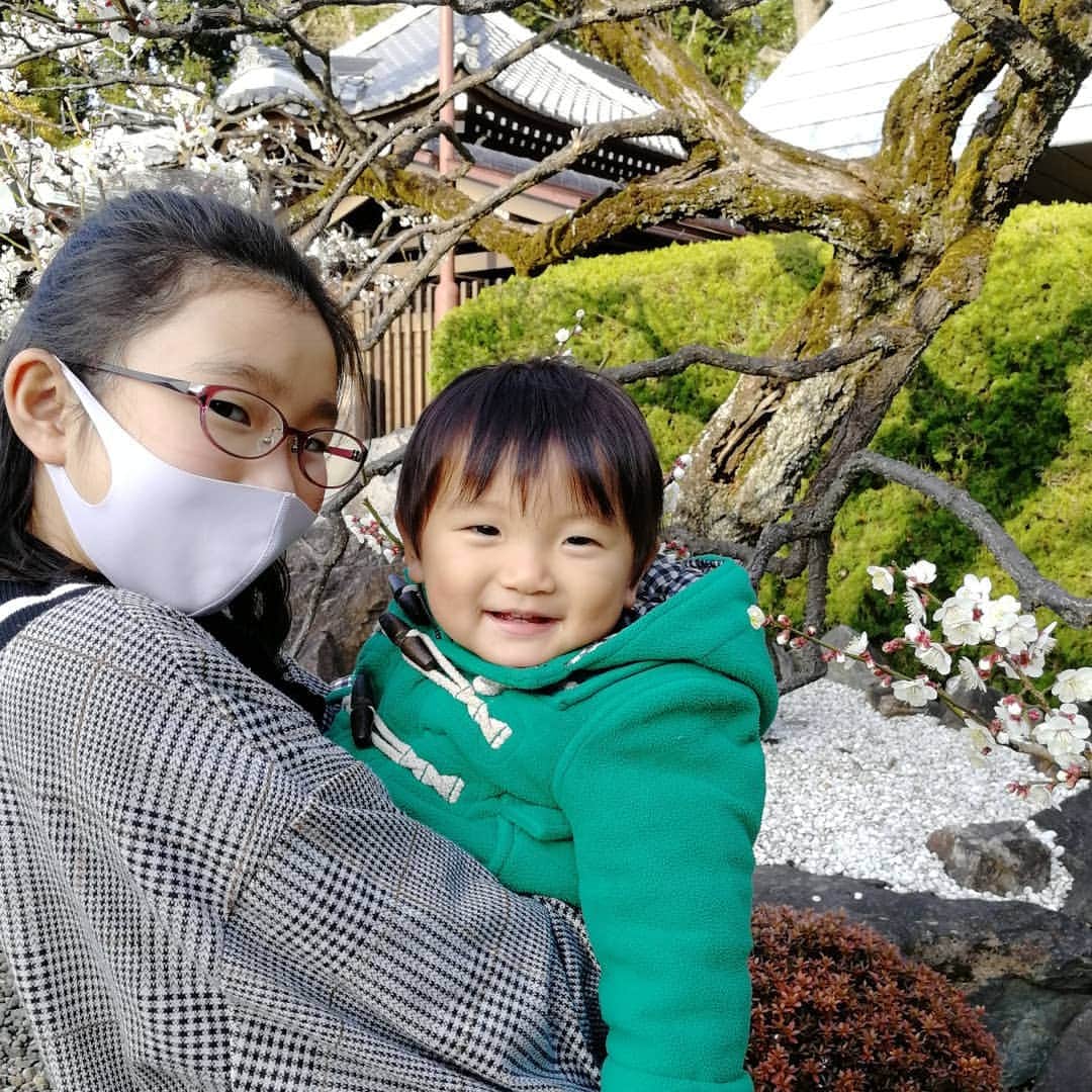 Kaori Takinoのインスタグラム：「梅一輪一輪ほどの暖かさ 服部嵐雪。  今日は暖かくお散歩日和。梅園じゃなくて大坊散歩して、村田商店であんみつ買って帰宅。 娘があんみつ作って、美味しいお茶をいれてくれました。丁寧にいれてくれたので甘くて美味しいお茶を飲めました。(私は江戸っ子気質だから熱湯ジャーの苦い渋いやつになりがちなのでww)  #梅#梅一輪一輪ほどの暖かさ#池上#池上散歩#村田商店 #あんみつ #日本茶#Japanesetea #日本茶の作法覚えてね#1才4ヶ月 #小学６年生#年の差姉弟」
