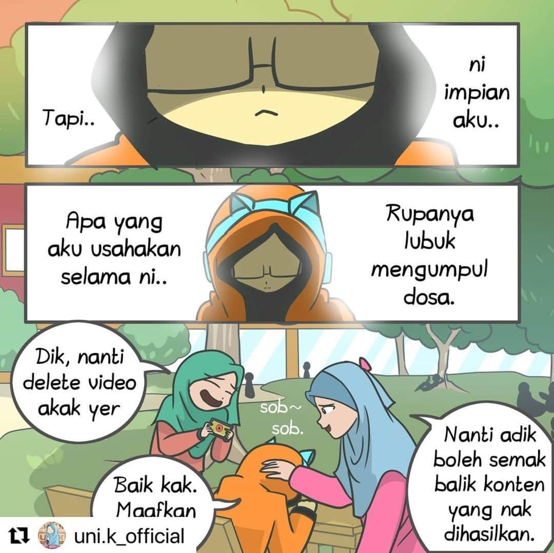 Koleksi Komik Malaysiaさんのインスタグラム写真 - (Koleksi Komik MalaysiaInstagram)「#Repost @uni.k_official with @make_repost ・・・ Episod #15 S2 [Berhibur] Imah menasihati Nadia tentang garis panduan berhibur dalam Islam. . Demikianlah fitrah manusia, suka berhibur dan berseronok. Islam tidak melarang umatnya untuk berhibur, malah nak menunjukkan betapa menyeluruhnya Islam sehinggakan nak berhibur pun ada "guideline" nya. . Kata segelintir orang, buat apa perlu "guideline", semua ni hanya mengongkong kreativiti, jumud dan tidak maju. Apa ertinya kreativiti andai ia menganiaya orang lain atas nama hiburan, apa ertinya maju andai ia melanggar syariat. . Beserdahanalah dalam berhibur, pastikan ia tidak mengundang perkara dosa. . “Janganlah banyak tertawa! Sesungguhnya banyak tertawa akan mematikan hati." (HR At-Tirmidzi no. 2305.)  . Sementara itu, Syahid tak puas hati dengan Encik Daku. . #komikmalaysia #komik #gengkomik #koleksikomikmalaysia #malaysia #komiklokal  #pesanan  #covid19malaysia  #tiktokmalaysia  #komikmontaj #tanggungjawab  #kartunmalaysia #komikstrip #komiklawak #contentcreator  #gengkomikmalaysia  #komikindonesia  #komikstrip #viralmalaysia  #komikmuslim #islam #icomic  #covid_19  #komikharian #unikkomik  #instakomik #lukisandakwah #youtuber」2月13日 16時50分 - tokkmungg_exclusive