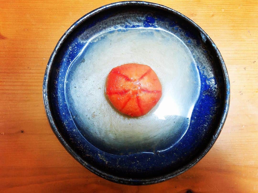 のインスタグラム：「丹那高原トマトをおでんにして食べました🍅✨  おでんの締めに最高の一品です🥰 崩して食べるとトマトスープになります🍴  贅沢〜♪  #フルティカ #丹那高原トマト #お皿は手作り陶芸」