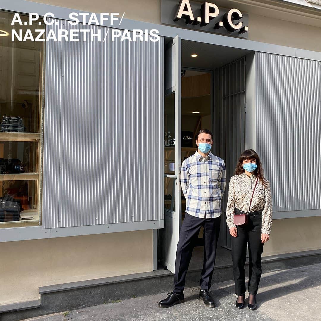 アーペーセーのインスタグラム：「A.P.C. Nazareth store staff in Paris.⠀ ⠀ Valentin is wearing:⠀ Trek overshirt in ecru ⠀ Massimo trousers in blue⠀ Valentin derbies in black⠀ ⠀ Zoé is wearing:⠀ Aline blouse in black ⠀ New standard jeans in black⠀ Alexie Mary Janes in black⠀ Mini Dina in vino⠀ Rosette belt in black⠀ ⠀ A.P.C. Nazareth store address : 33 Rue Notre Dame de Nazareth 75003 Paris⠀ ⠀ All articles available in stores and at apc.fr⠀ ⠀ #APC #APCstaff #APCSS21 #Paris」