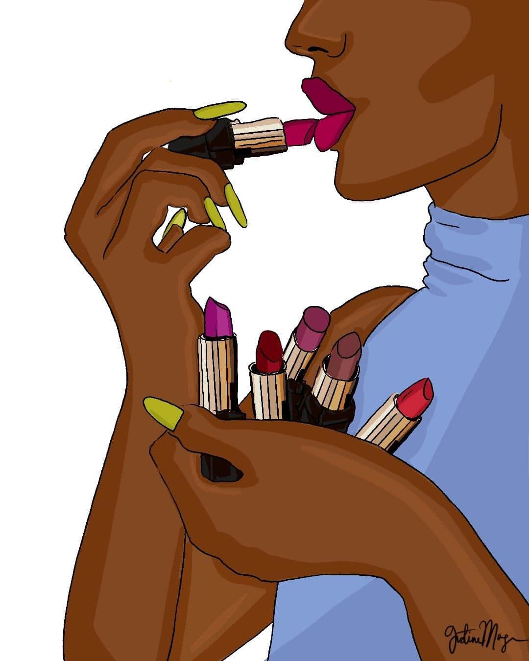 ULTA Beautyのインスタグラム：「During Black History Month, we'll be sharing five artists' renditions that express and celebrate who they are. Check back for more all month long!  ✨Black Artistry by Justine Mangum @winnie.weston✨  I am so excited to partner with Ulta Beauty and create this illustration for Black History Month! One of my favorite things is beauty and how Black culture has been able to shape the industry! Black beauty reminds me of those precious times with my mom and sisters where we would try on lipsticks and pick which one we liked best. My illustration is based on those times of being creative with makeup, showing off bold colors on our brown skin, and having fun! My journey to being a Black creator is surprisingly similar to those times of trying on lipsticks with my mom and sisters. Both times required me to trust the journey, be bold in color, and authentic to who I am. Black artistry whether you are into makeup, hair, nails or art is about the freedom to simply be and create who you want to be.」