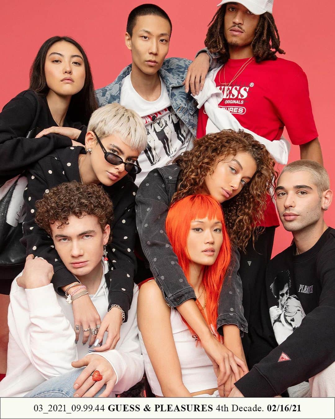 ゲスのインスタグラム：「friends in the new @guessoriginals x @pleasures capsule 🍒 swipe to see a preview of the 36-piece collection, first drop on 2.16 #GUESSOriginals (📸: @kennethcapello)」
