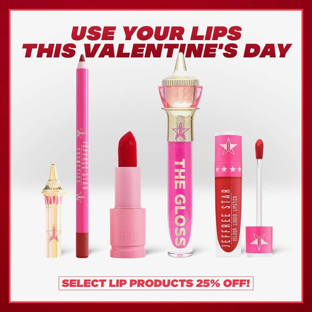 Jeffree Star Cosmeticsさんのインスタグラム写真 - (Jeffree Star CosmeticsInstagram)「This Valentine’s Day just got a whole lot sweeter 💕 You can now shop 25% OFF select lip products including our Velour Liquid Lipsticks, Velour Lip Liners, Velvet Trap Lipsticks & The Gloss 🎀 Sale ends Monday 2/15 @ 10:00am PST/ 1:00 pm EST 🌟 #jeffreestarcosmetics」2月14日 3時01分 - jeffreestarcosmetics