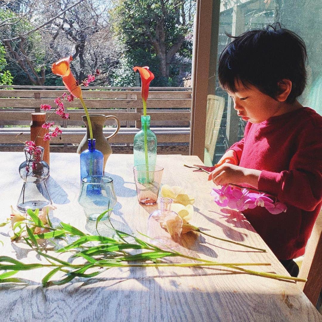 宇藤えみのインスタグラム：「我が家のカリヤザキさんw 静かだと思ったら撮影道具で使ったお花をチョキチョキしていたのでw 余裕がない時はダメダメと言いがちですが この日は花器を出し ご自由にどうぞスタイルにしてみたら (何度も言いますが余裕があったのでねw) 自由な世界観 とっても素敵じゃないか♪  #暮らし」