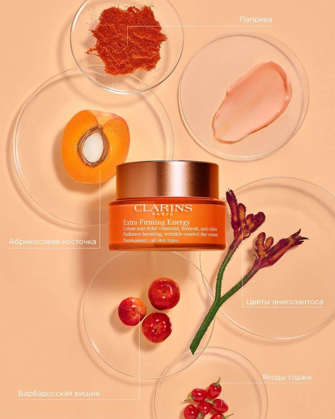 Clarins Russiaのインスタグラム：「Наша кожа — это сосуд, который необходимо наполнять полезными веществами, чтобы она была здоровой и красивой ✨ В состав регенерирующего крема с эффектом сияния Extra-Firming Energy входит инновационный комплекс [Glow Plus Complex], который содержит высокую концентрацию суперфудов, обладающих исключительными свойствами: органический экстракт ягод годжи заряжает кожу энергией, экстракт косточек барбадосской вишни придаёт ей сияние, органическое масло абрикосовых косточек питает, а щепотка паприки заметно улучшает цвет лица 🍑  Ещё больше новинок вы можете найти в нашем интернет-магазине по ссылке в шапке профиля.   #clarinsenergy」