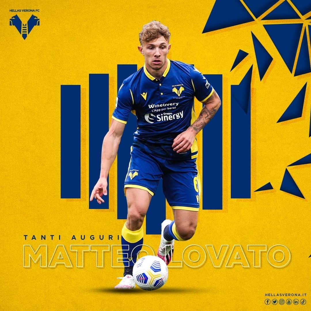 エラス・ヴェローナFCのインスタグラム：「🥳 BUON COMPLEANNO MATTEO! 🇮🇹  ➕ 2️⃣1️⃣ 🟡🔵  #HVFC #HappyBirthday #Lovato」