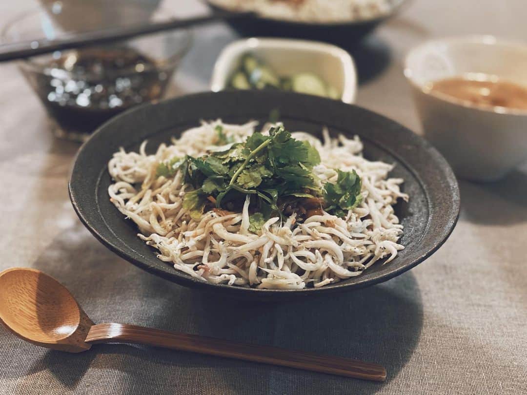 藤田敦子のインスタグラム：「ㅤ @nanadaime_yamari_official のしらす。 フワッフワで、もう手掴みでおやつにしてますが(笑) 最近の定番はしらす丼です。 酢飯にしらすとなめ茸乗せて @yukiya.terai がおすすめしてた パクチーとオリーブオイルかけた。 しらすには、専用のお醤油も少しかけてシンプルに✨ @nao_yamari07 美味しくいただいてます！」