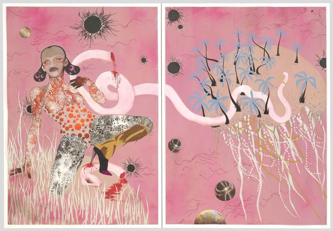 ニューヨーク近代美術館のインスタグラム：「“I’m interested in powerful images that strike chords embedded deep in the reservoirs of our unconscious.” —Wangechi Mutu  The Kenyan-born artist’s collage, “Yo Mama,” pays tribute to Funmilayo Anikulapo–Kuti, the mother of the famous Afrobeat musician Fela Kuti. A pioneering feminist who is said to have been the first woman to drive a car in Nigeria, she fought against the practice of female genital mutilation.  Mutu explains why this diptych is both tantalizing and menacing: "The figure exists in an imaginary outer space, clutching a mangled serpent, the phallic and mythological creature that instigated the downfall of Eve. . . . The image and title are infested with the inherent contradictions that were the experience of a radical like Funmilayo. A visionary and brave fighter, she was caught in the upheaval of the creation of a nation's identity."  At the link in our bio, read more about the work in an essay by Heidi Hirschl Orley, excerpted on MoMA Magazine from our award-winning publication, Among Others: Blackness at MoMA. — Wangechi Mutu. “Yo Mama.” 2003. Ink, mica flakes, acrylic, pressure-sensitive film, cut-and-pasted printed paper, and painted paper on paper. © 2021 Wangechi Mutu #MoMACollection #MoMABooks #MoMAMagazine #WangechiMutu @wangechimutu @wangechistudio @heidiorley」