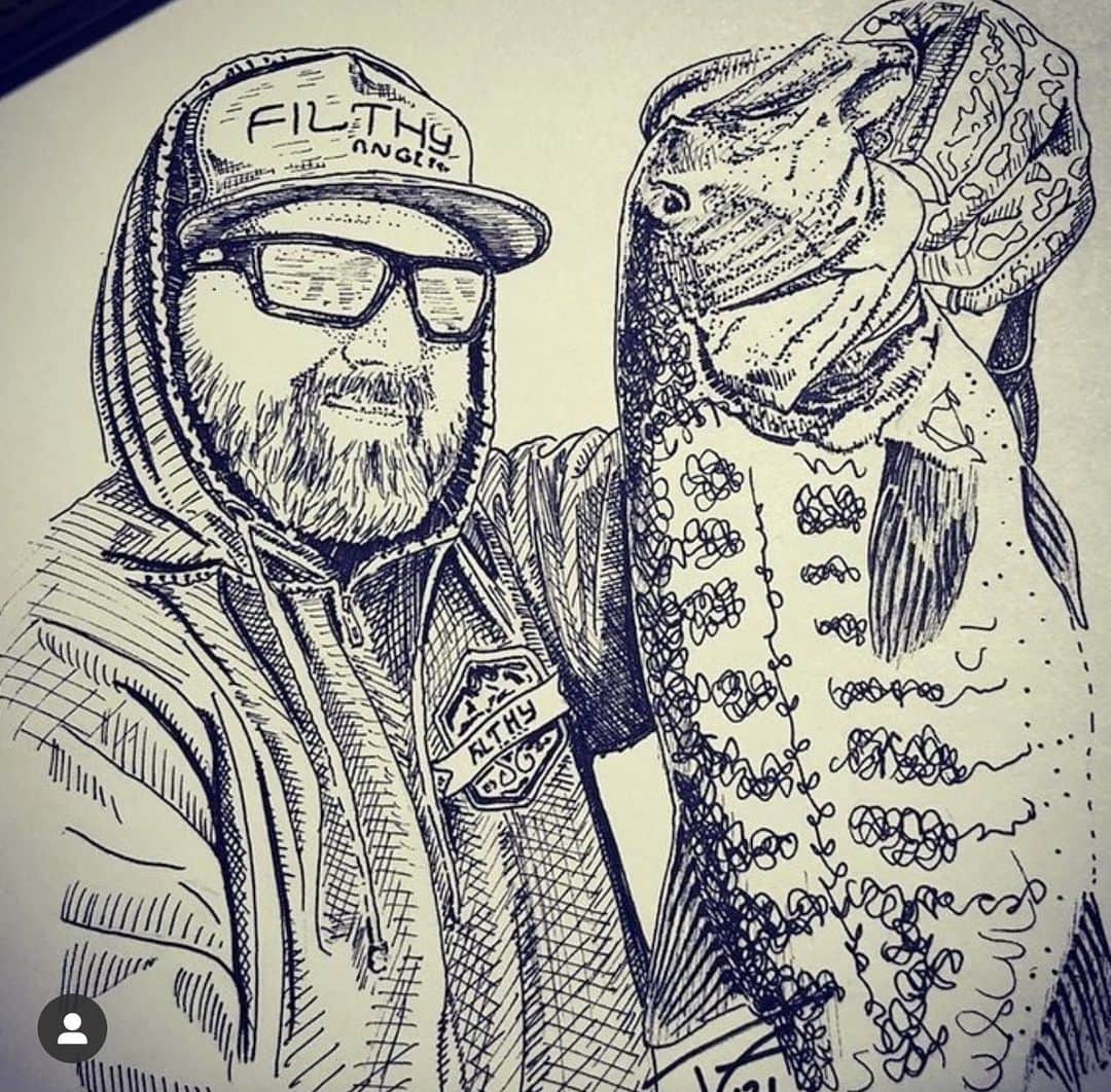 Filthy Anglers™のインスタグラム：「How cool is this drawing?! Our buddy Ray @socal.bass.angler hit up a local artist @firefishingart and asked him to sketch a photo! Came out amazing, absolutely love how this looks! All the detail in it with the filth gear as well. Thanks for sharing Ray, you are Certified Filthy www.filthyanglers.com #fishing #angler #nature #outdoors #bigbass #art #artist #monsterbass #viral #icefishing #hunting #filthyanglers」