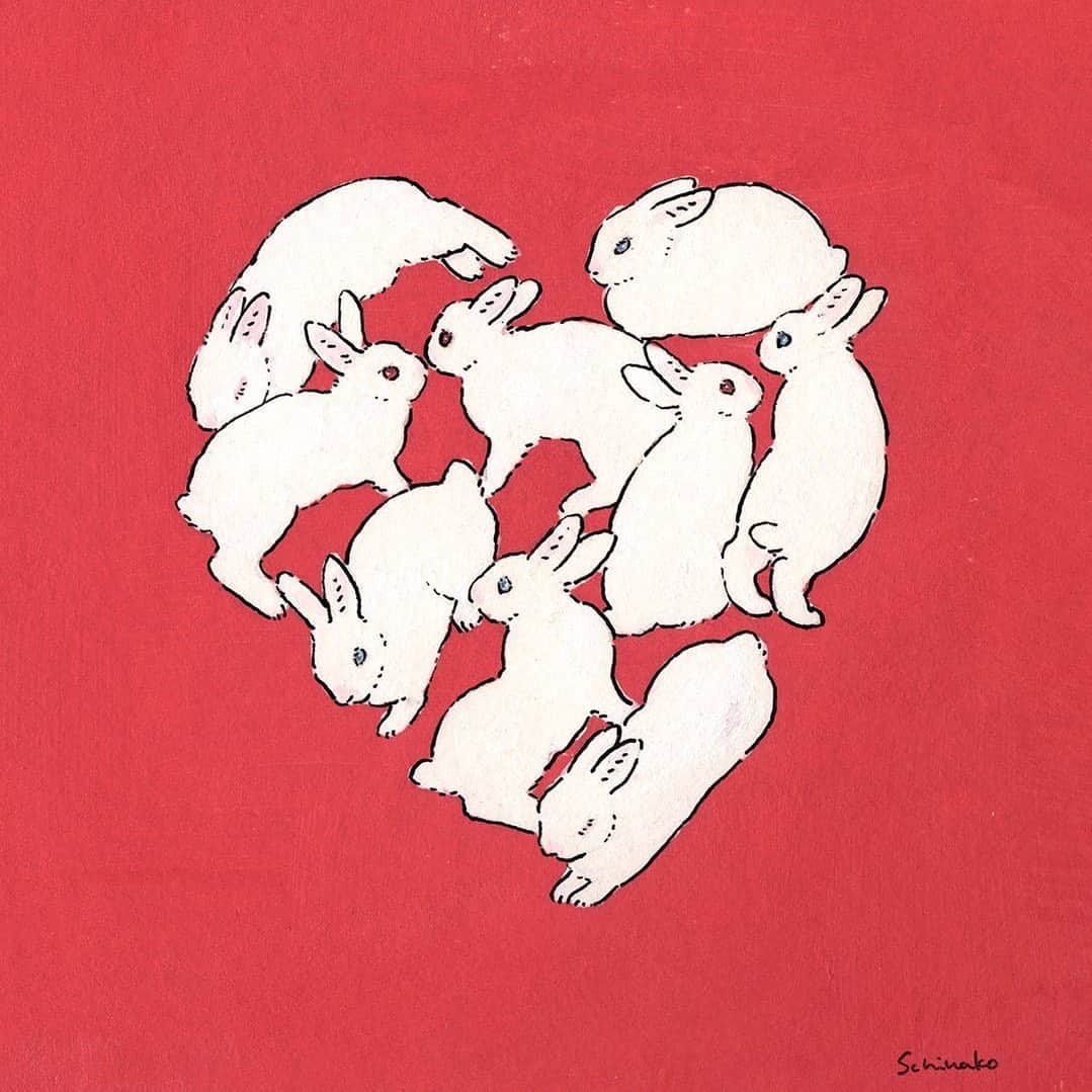 森山標子(しなこ)/Schinakoのインスタグラム：「Happy Valentine's Day! ブランとパソコンと絵が無事でよかったです！ * #illustration#art#drawing#design#acrylicpaint#アクリル絵の具#rabbit#bunny#うさぎ」