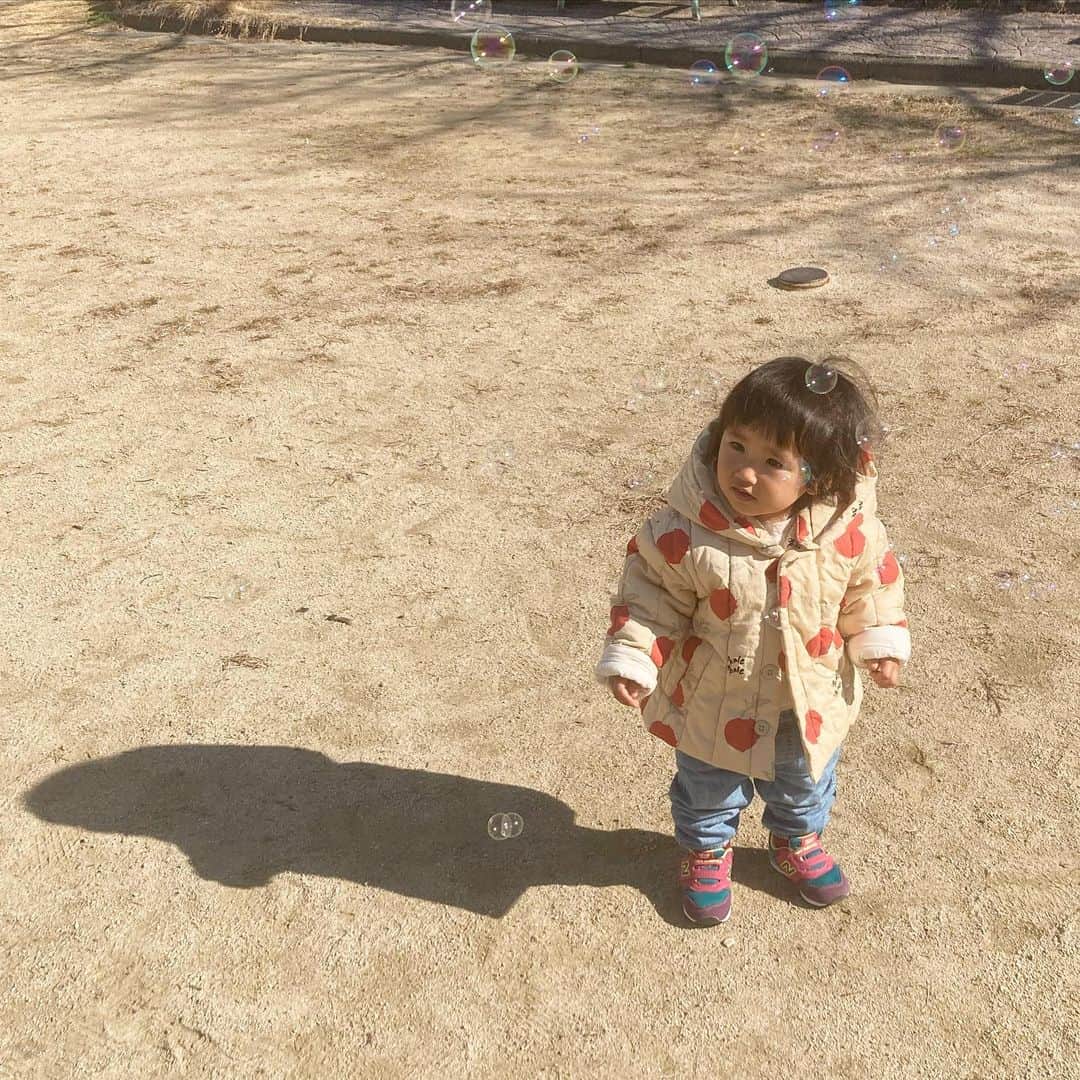 のインスタグラム：「初めてのシャボン玉遊び😁追いかけずにシャボン玉に話しかけてた…😅遊び方が違う〜〜🤣 #初めて #シャボン玉 #遊び #公園 #月ちゃん #可愛い女の子 #かわばたくん #吉本芸人」