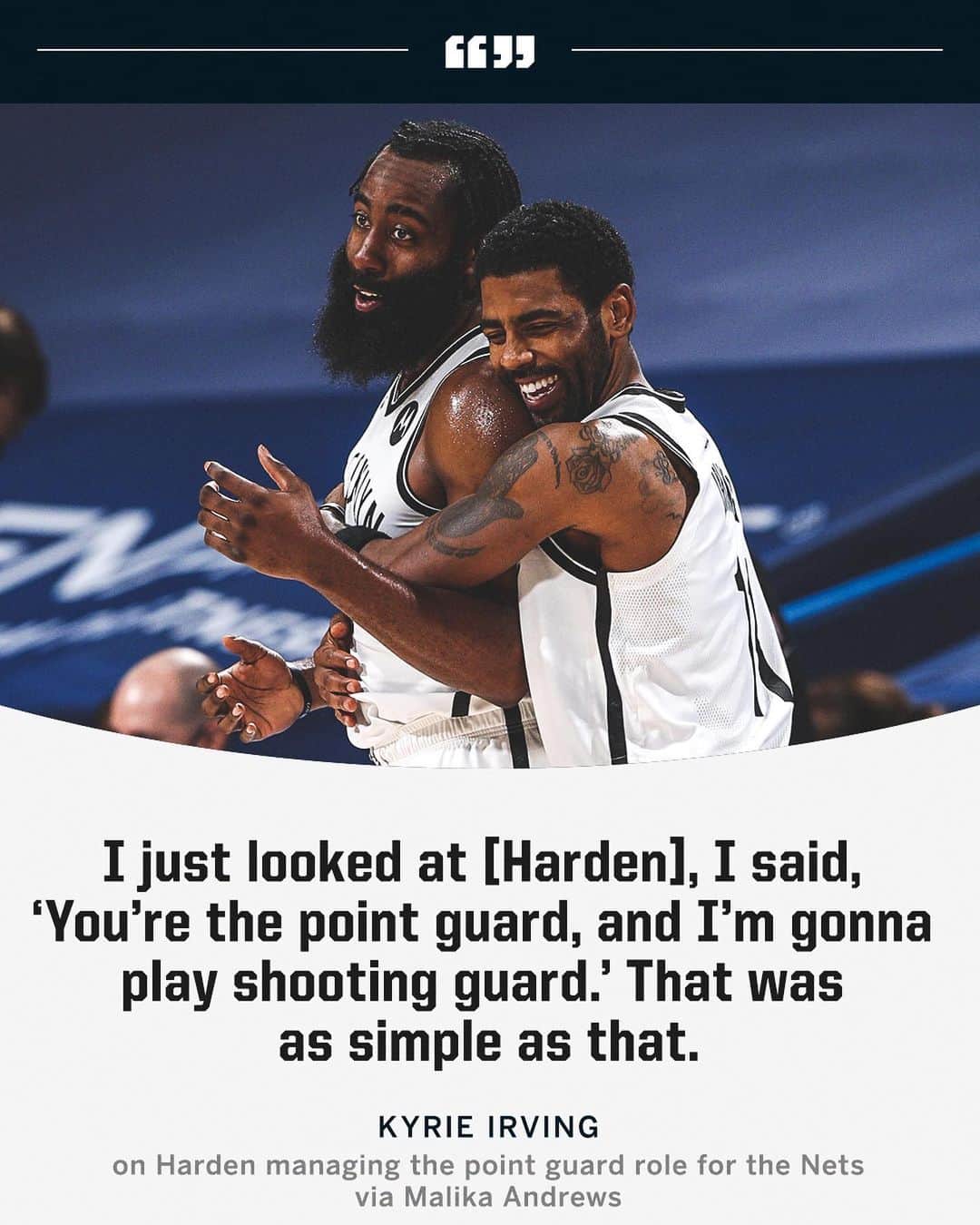 espnさんのインスタグラム写真 - (espnInstagram)「Kyrie says he’s been able to play free with Harden as PG. @malika_andrews」2月14日 14時04分 - espn