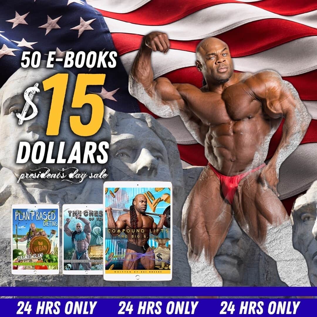 カイ・グリーンのインスタグラム：「🇺🇸PRESIDENTS DAY WEEKEND SALE 🇺🇸  This holiday weekend pick up my BEST value eBook bundle FIFTY eBooks for $15 ‼️ The knowledge contained in these books will help you elevate your body & mind to push your potential. These books contain powerful information such as   🔹Step by step guides to creating meal plans - cutting, contest prep, & bulking. 🔹Individual body part training guides to turn weaknesses into strengths. 🔹Full programs containing both diet & workout routines to guide you from start to finish. 🔹First timers in the gym, veterans, paleo dieting, vegan dieting, no matter the area of expertise you seek there’s always more to be learned.   LINK IN BIO TO DOWNLOAD 🔗」