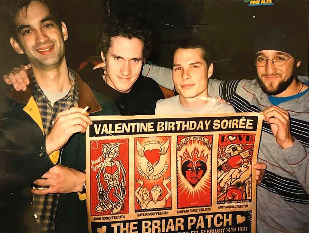 Shepard Faireyのインスタグラム：「This shot from 24 years ago is of (L to R), Jose Gomez, Dave Kinsey, me, and Andy Howell. All of us met through artist, former pro-skateboarder, and co-founder of @newdealskateboards, @andyhowell43. We all have birthdays in mid-Feb. So we decided to do a combined Valentine’s and birthday party where we’d all design a Valentine’s themed piece of art for the poster. All four of us are still friends and were together for the re-launch of New Deal Skateboards at @subliminalprojects a year ago. Thanks for bringing us all together Andy, and happy birthday y’all!⁠ -Shepard」