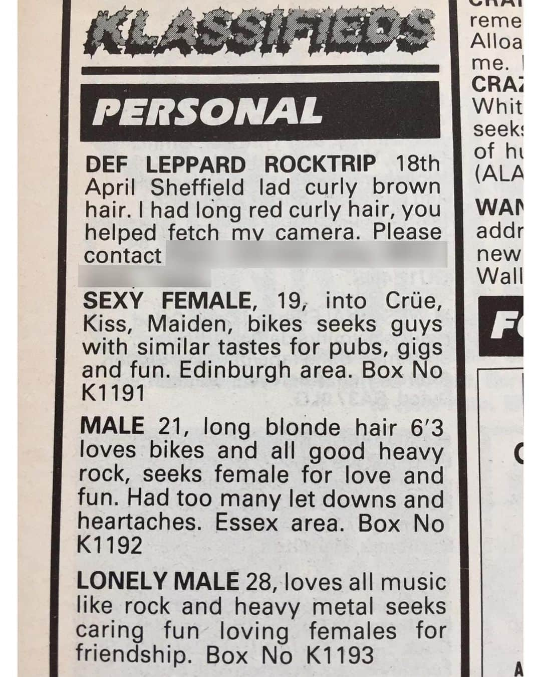 Kerrang!さんのインスタグラム写真 - (Kerrang!Instagram)「Happy Valentine's Day 🤘❤️ // Kerrang! Magazine 1988 & 1991 Klassifieds personal ads #KerrangArchive  ⠀⠀⠀⠀⠀⠀⠀⠀⠀ #kerrang #kerrangmagazine #klassifieds #rock #metal #heavymetal #metalhead #metalheads #rockers #metalfans #rockfans」2月15日 1時39分 - kerrangmagazine_