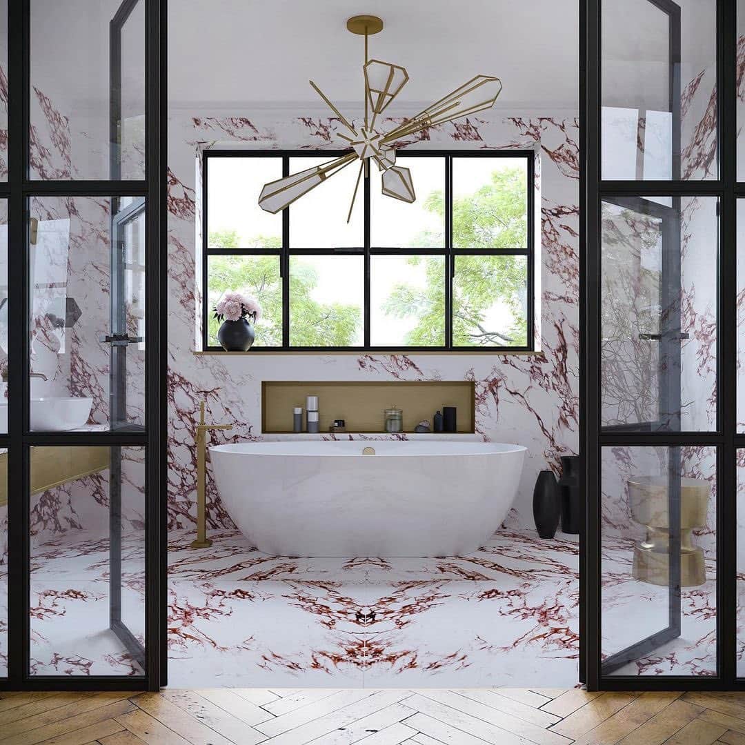 Homepolishのインスタグラム：「Where #valentines Day should be spent. ❤️🤍 Loving @casa505interiors calacatta viola marble bathroom punctuated by @gabrielscott’s sculptural chandelier.  For more design inspo and pro tips, head to the link in bio.」