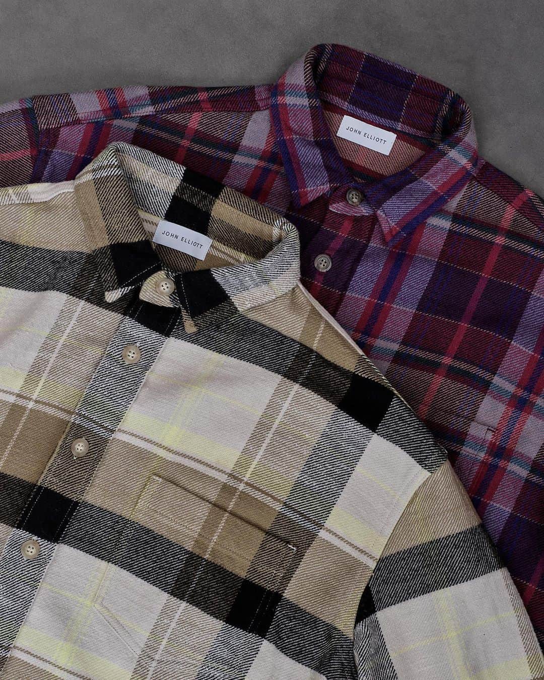 ジョン エリオットのインスタグラム：「Hemi’s in Cyclone and Elderberry Check. We custom developed these plaids with a nep yarn that has an uneven appearance on the face for a unique hand feel. Available now.」