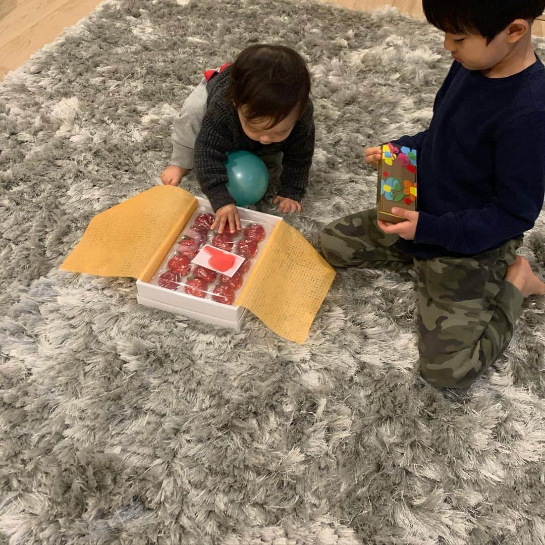 亀恭子のインスタグラム：「Happy Valentinesday❤︎  フルーツ好きなbrothersに いちご❤︎❤︎  お兄ちゃんには＋チョコレート。 フルーツ屋さんで買ってる時一緒にいたら、ゼリーもリクエストされましたヨ  いちご、あげた先からラグの上にどんどん… そうなるよねw  #happyvalentinesday #valentine #mysons #love #❤︎」